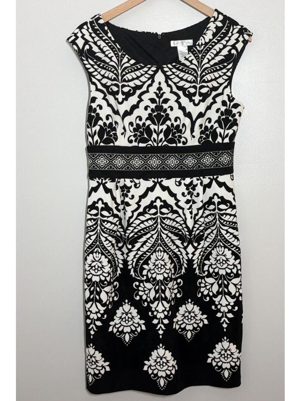 London Times Dress Womens 12 Black White Baroque Floral Sheath Midi Career